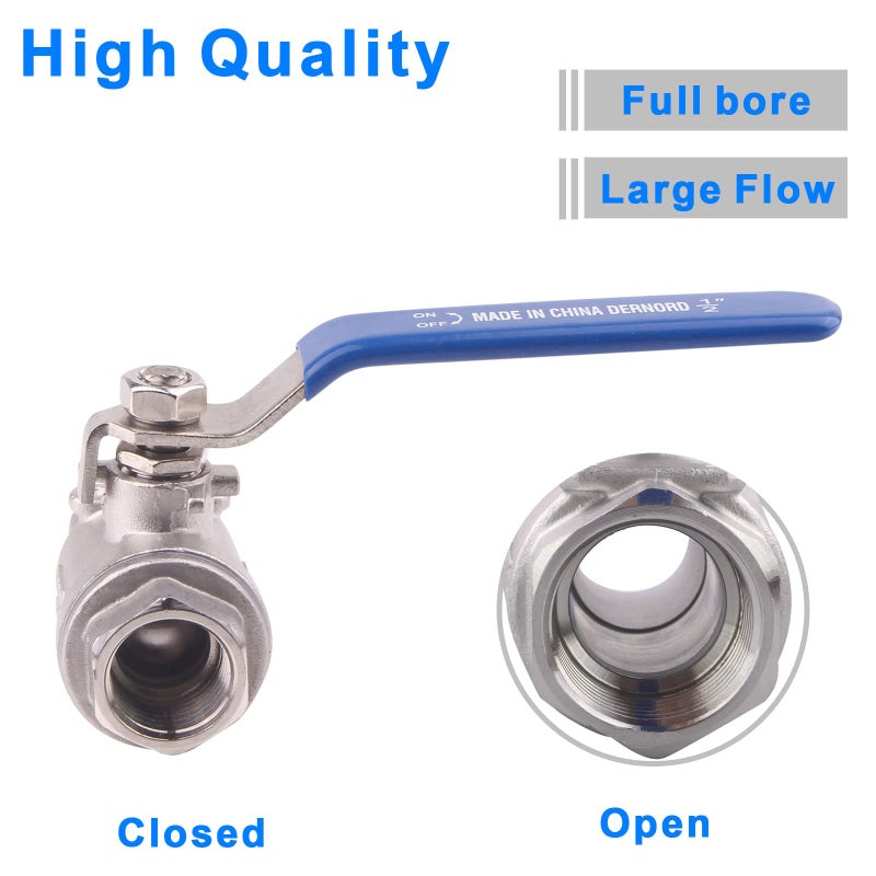 DERNORD Full Port Ball Valve Stainless Steel 304 Heavy Duty for Water, Oil, and Gas with Blue Locking Handles (1/2" NPT) - Image 3